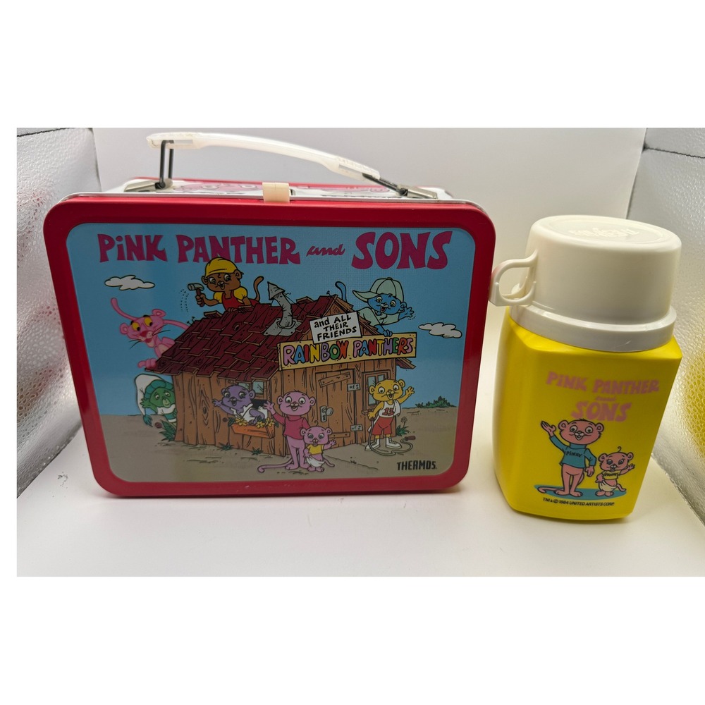 Vintage 1984 Pink Panther And Sons Thermos Brand Metal Lunchbox With Thermos - Picture 2 of 4